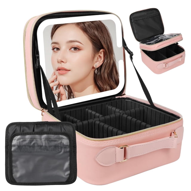 Bolsa de maquillaje Behaesty Travel con espejo LED de doble capa
