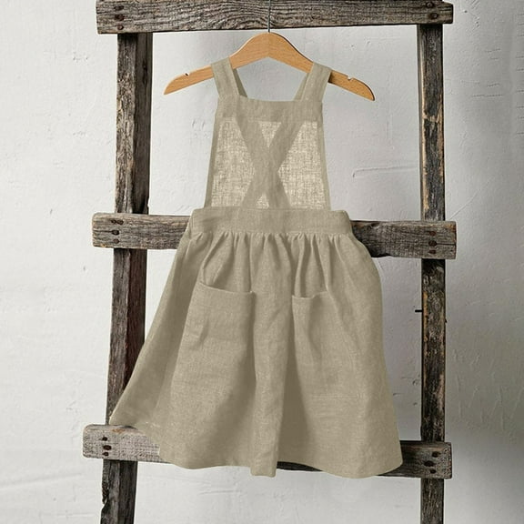 Gamivast or Girls Linen Cotton Dress Toddler Solid Color Cotton and Linen Back Button Up Dress Suspender Skirt with Pockets Casual Sundress Khaki Clothes Under $ 5.00