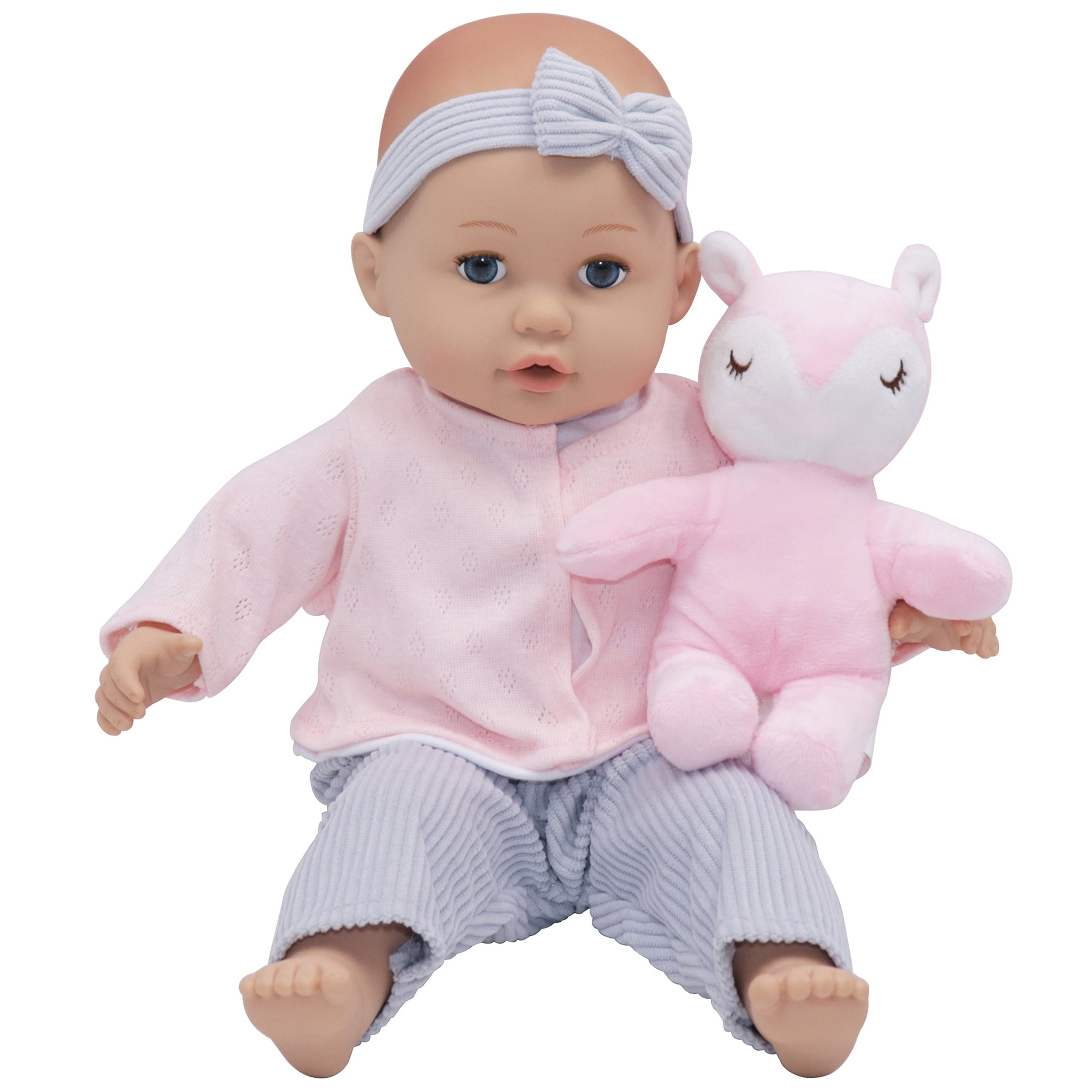 Baby Dreami: 14" Baby Doll Care Playset - Pink & Blue Long-Sleeve Stripe Outfit, Extra Onesie, Plush Fox Animal Toy, Bib-Bottle-Binky, Kid-Toddlers 2+