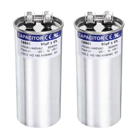 Uxcell 2Pcs 80MFD CBB65 Run Start Capacitor 80uF, 370/440V Round AC Capacitor for AC Motor Run, HVAC, Air Conditioner, Condenser Motors
