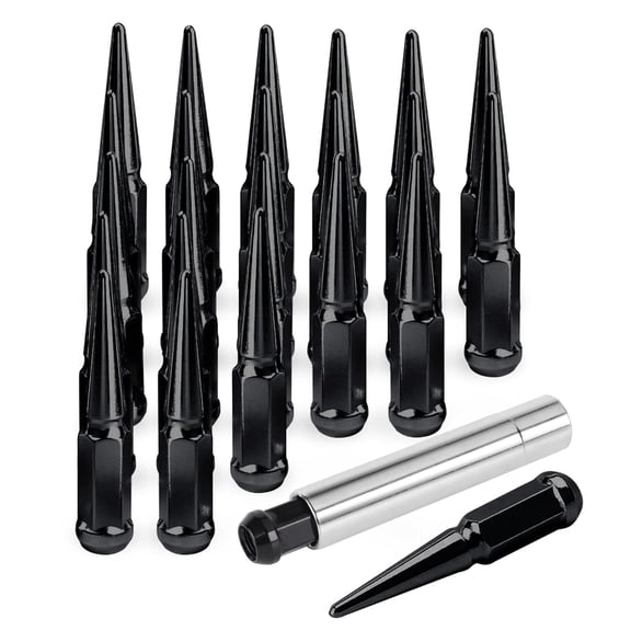 14x1.5 Spike Wheel Lug Nuts, 24pcs M14x1.5 Closed End Spike Lug Nut for Silverado 1500, Sierra 1500, F150, Black Conical Bulge Seat with 1 Socket Key