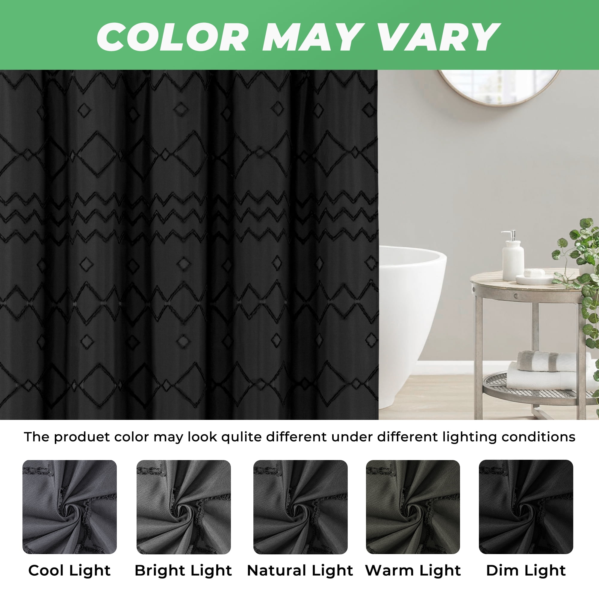 Seasonwood Black Shower Curtain Fabric Textured Tufted Chevron Striped Bathroom Shower Curtains 72 x 96