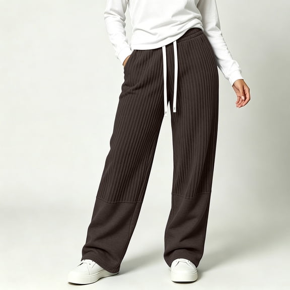 Guieoi Sweatpants for Women Athletic Trendy Striped Patchwork Loose-Fit Pants Straight-Leg Brown XL