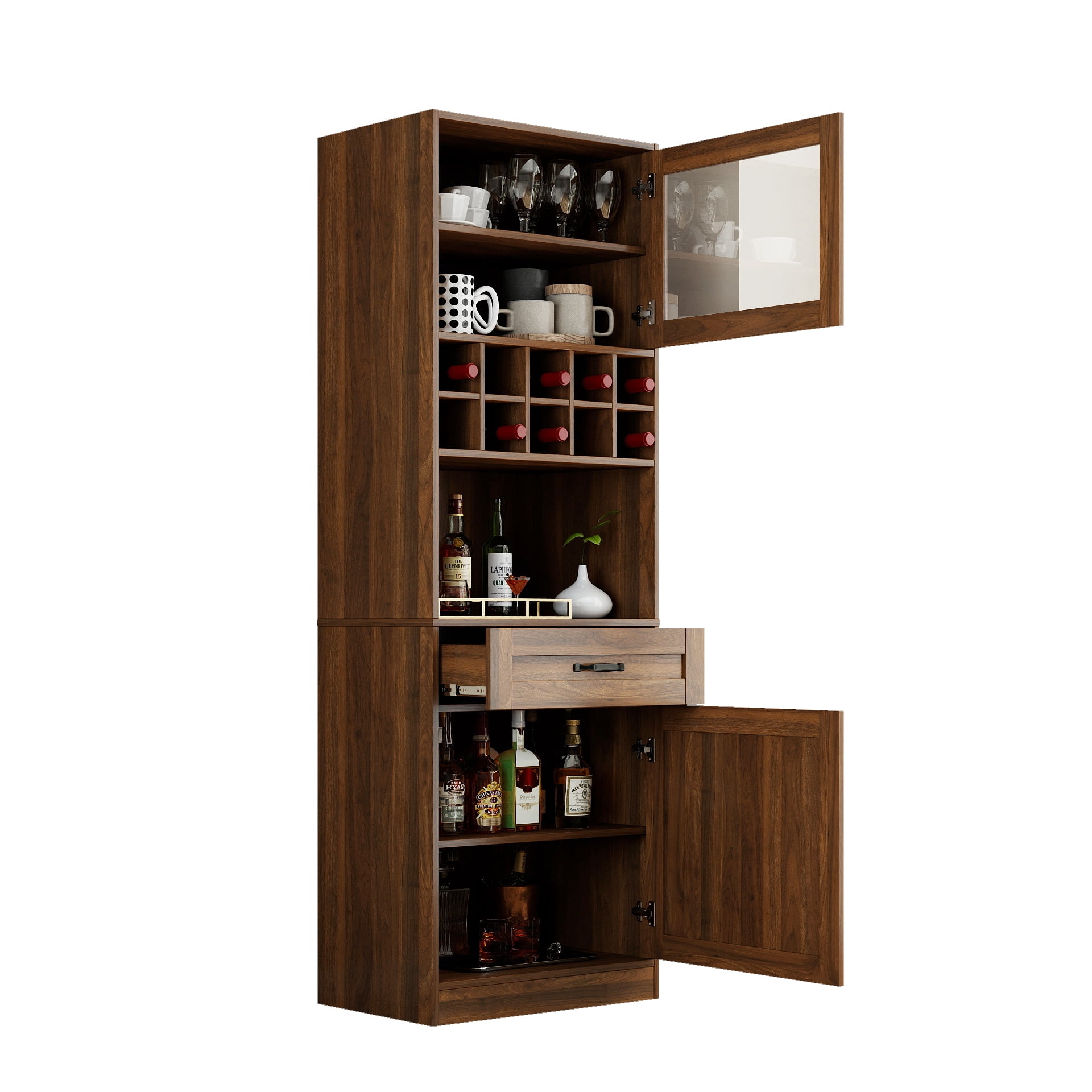 Kitchen Pantry Cabinet Farmhouse Storage Cabinet with Glass Door Pull-Out Shelf, Walnut