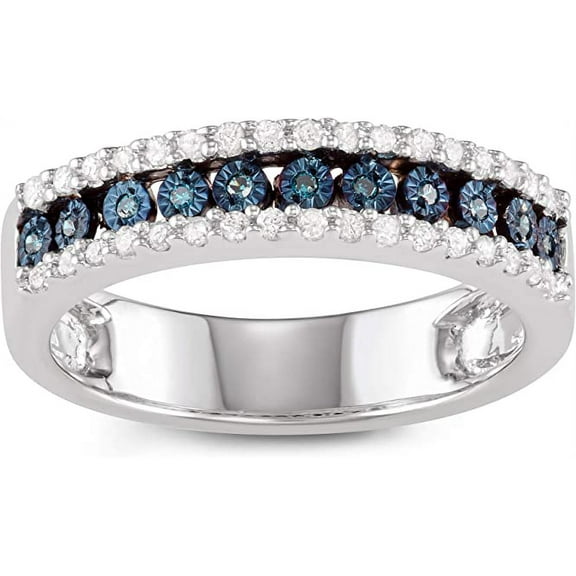 MyDiamondBox 1/4 Carat Total Weight (cttw) Sterling Silver, White and Blue Diamond Illusion Plate Band - Bridal ring for Women (Size: 8)