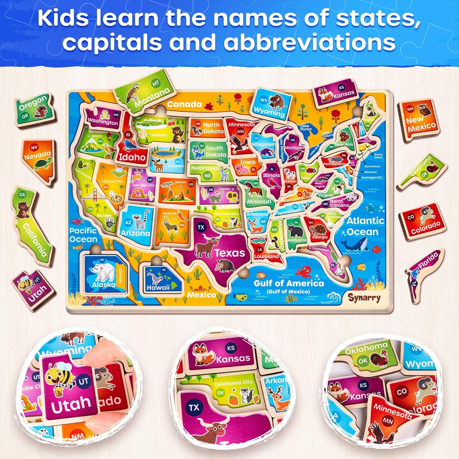 SYNARRY Large Wooden USA & World Map Puzzles, Educational Jigsaw Puzzle Set, Learning United States World Maps Puzles for Kids
