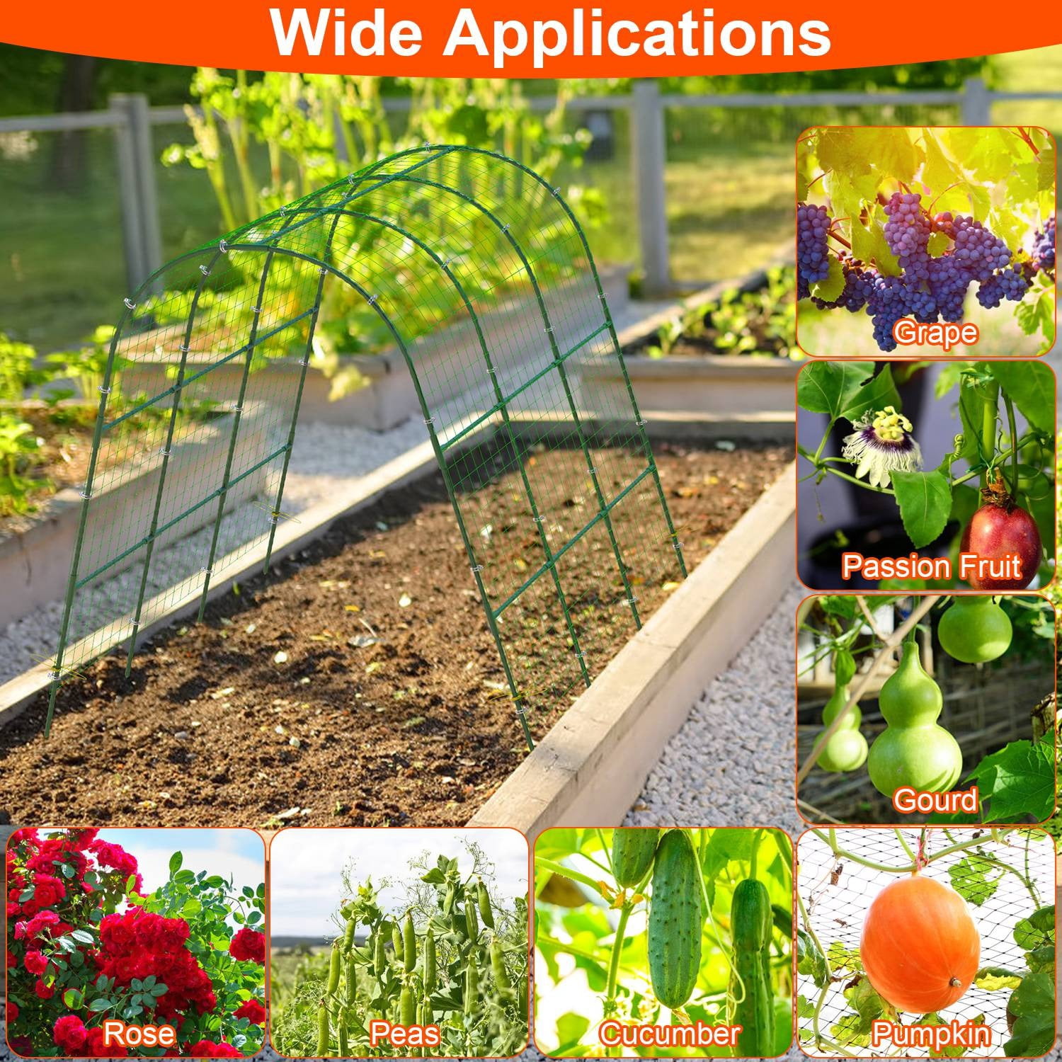 U-Shaped Garden Arch Trellis for Climbing Plants,49.6x47.2in Adjustable Width(15.7-45.2in), Rustproof Iron Cucumber Trellis with Mesh Cover & All Installation Kits,Easy Assembly for Raised Garden Bed