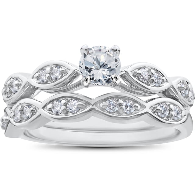 G SI 3/4ct Vintage Diamond Engagement Ring Matching Wedding Band Set White Gold