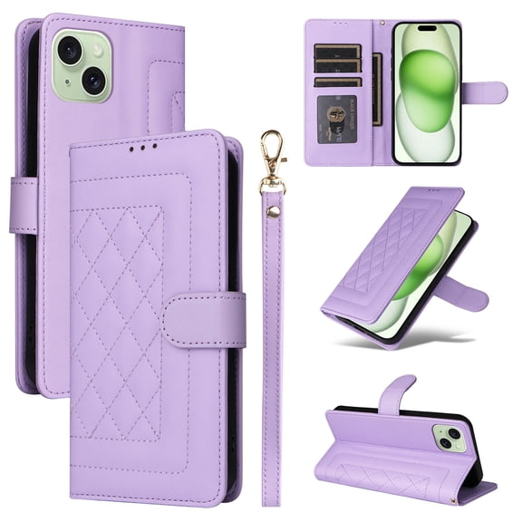 Compatible with iPhone 14 Case, Premium Leather iPhone 14 Wallet Book Case Magnetic Flip RFID Blocking Credit Card Holder Kickstand with Wrist Strap Shock Absorbing Case, Purple
