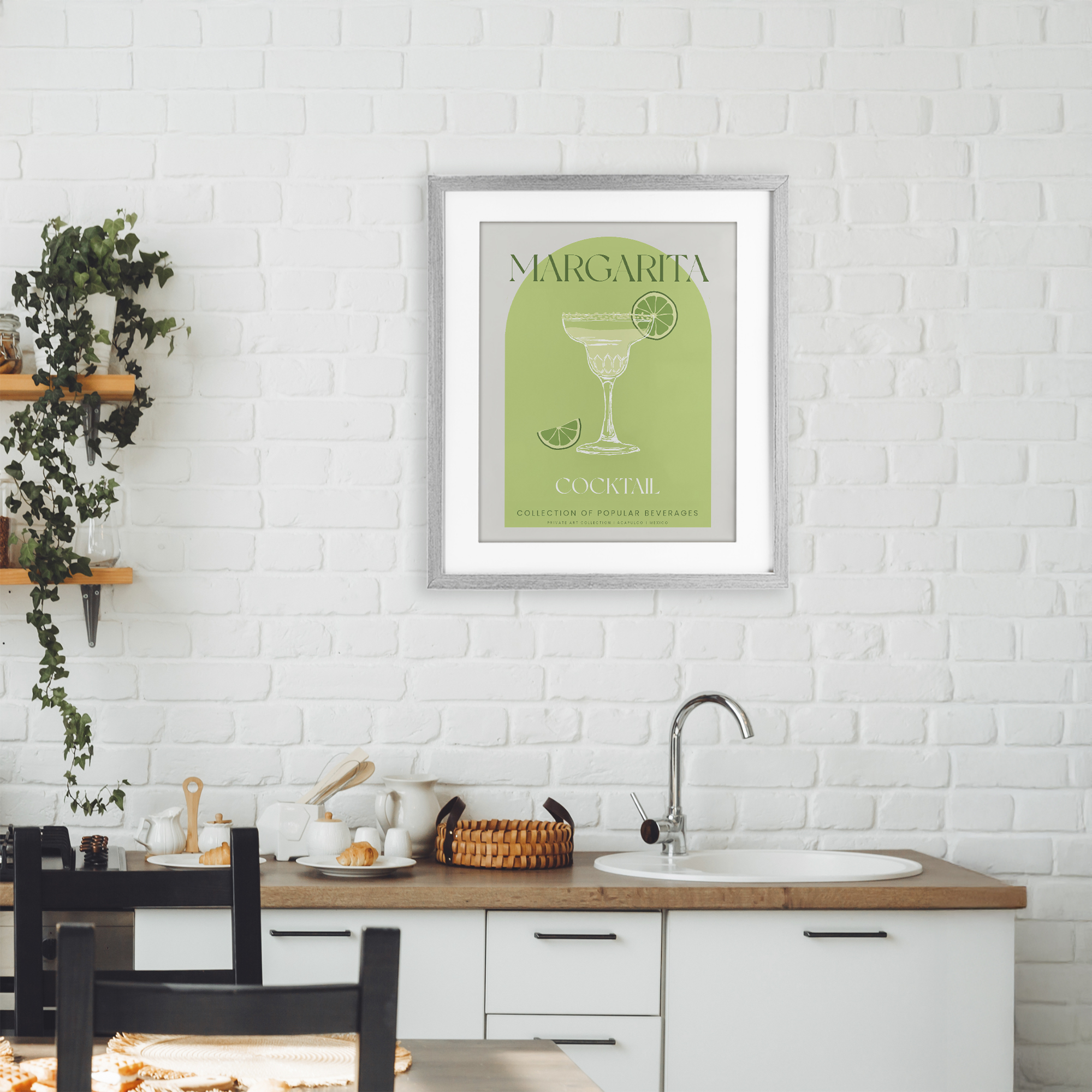 Stylish Retro Margarita Gray Framed Print Under Glass, design by Lil' Rue
