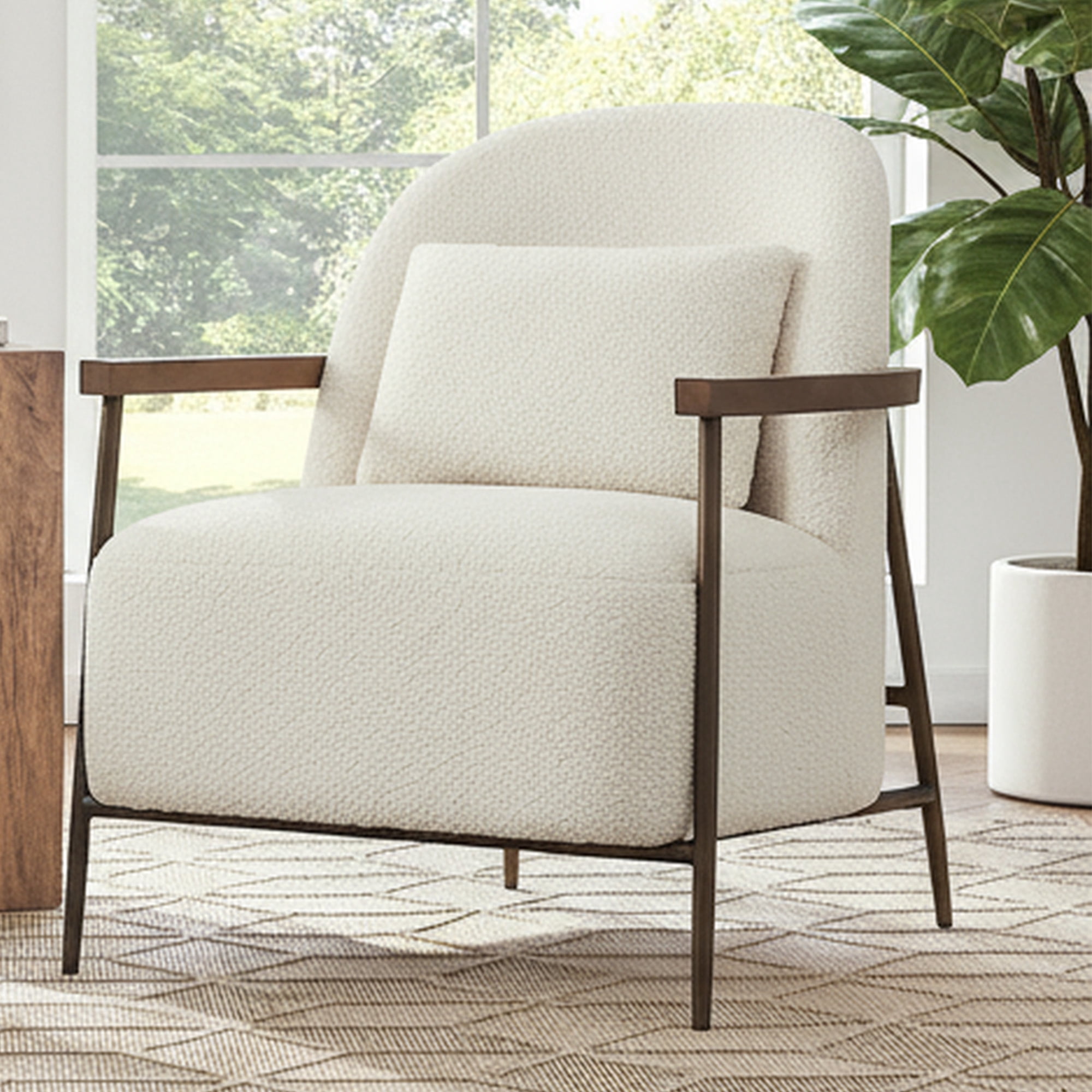 Spruce & Spring Modern Upholstered Faux Sherpa Accent Chair with Wood Arms and Metal Legs, Set of 2, Ivory