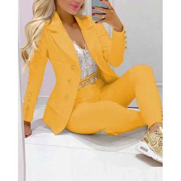 Nuevo 2024 conjuntos de pantalones formales de oficina para mujer, 2 uds., Blazers lisos con doble botonadura, chaqueta y pantalones, conjunto de dos piezas, trajes de pantalón femenino