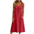 thumbnail image 3 of Zpzdpjkx Womens Cotton Linen Sleeveless Midi Dress, Crew Neck Button Front Cami Dress with Pockets, 3 of 7