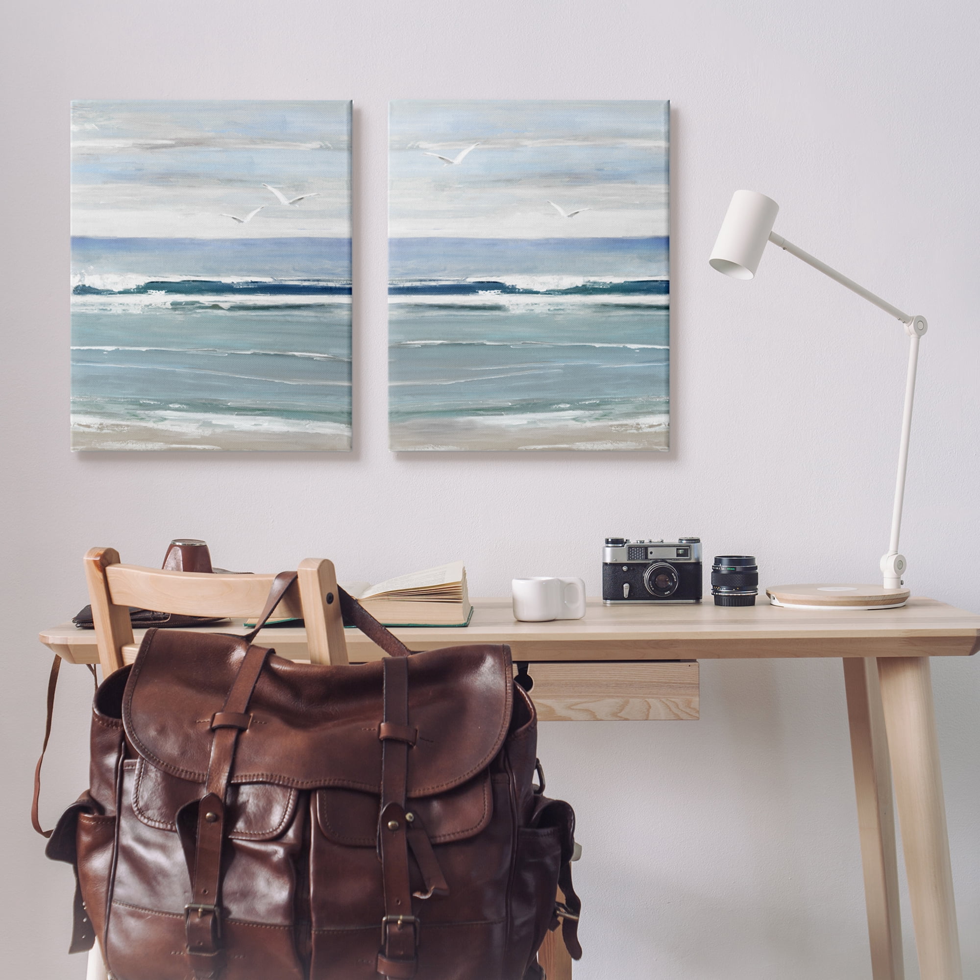 Stupell Industries Seagulls over Beach Waves Landscape Painting Gallery Wrapped Canvas Art Print Wall Art, 24 x 30, Set of 2