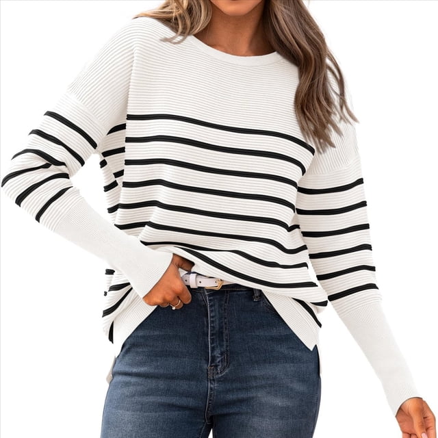 Suéter de Otoño 2025 para Mujer, Jersey de Punto Acanalado de Larga, Holgado, Cuello Redondo, Murciélago, Suéter Dividido. Color y Negro XL