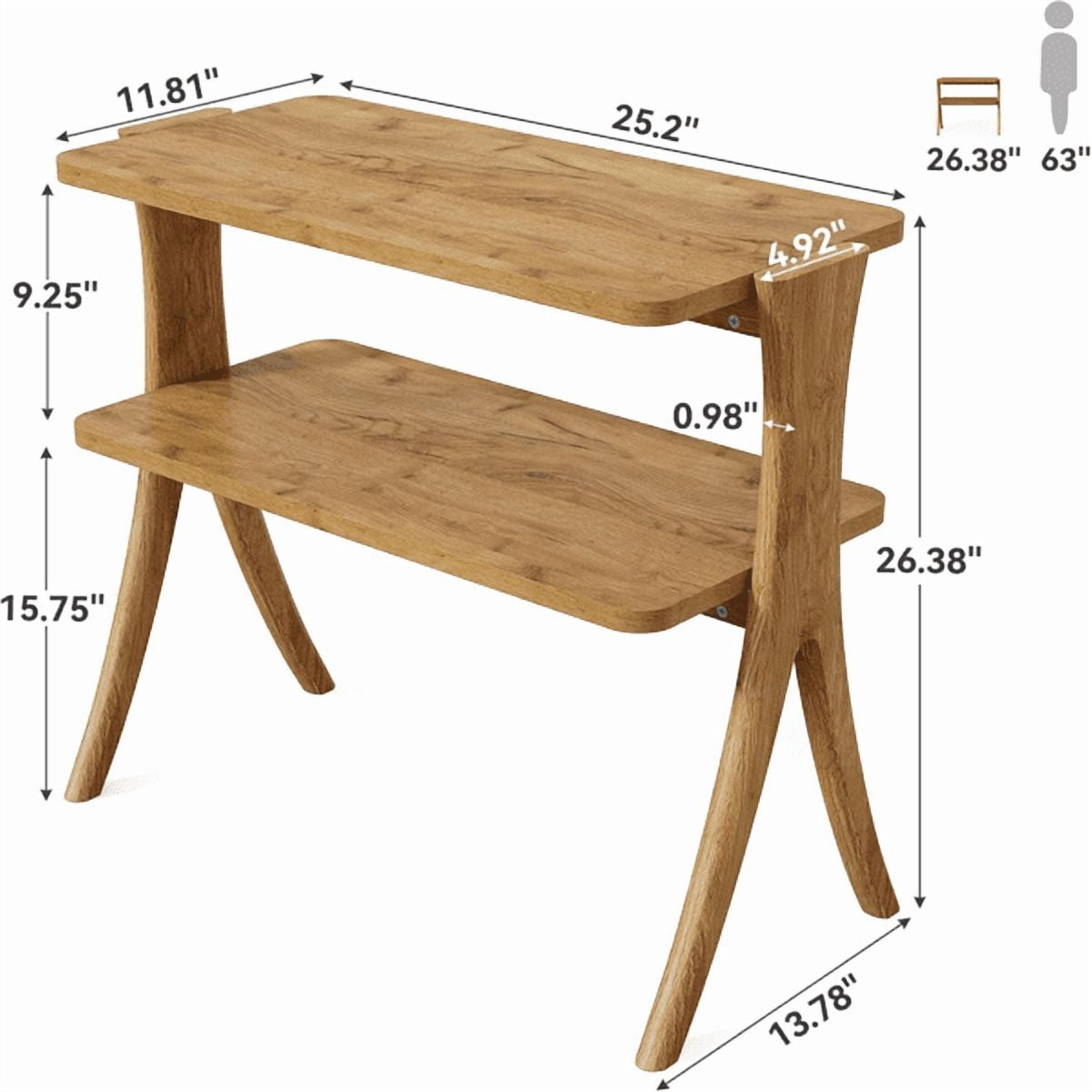2-Tier Narrow Side Table, Walnut Wood Grain, Herringbone Legs, for Small Spaces/Living Room/Bedroom