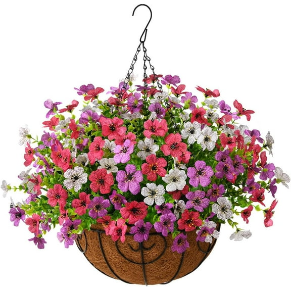 Artificial Hanging Flowers for Outdoor Indoor Spring Decor,Faux Silk Flower Arrangement,6 Branches Daisy with 12 Inch Coconut Lining Chain for Garden Decoration(Purple White Rose)