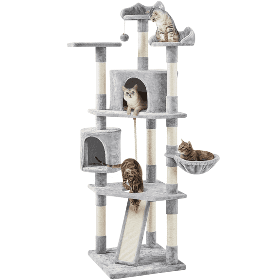 Alden Design 79"H Multilevel Large Cat Tree Condo Tower with Scratching Post, Light Gray