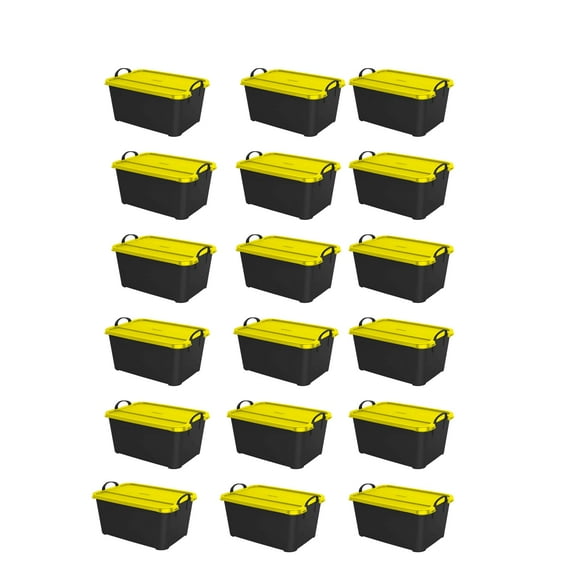 Life Story 55 Qt Stackable Storage Bin, Heavy Duty Lidded Container, Black/Yellow, 18 Pack