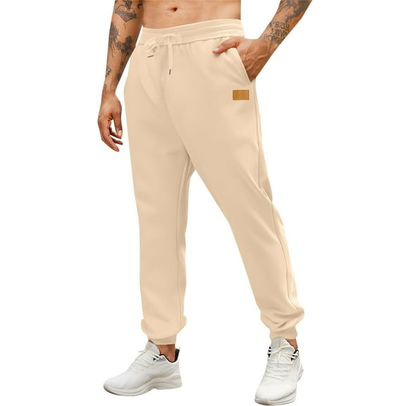 Men's Loose Fit Cuffed Jogger Sweatpants Casual Sports Pants Comfortable Athletic Lounge Trousers with Elastic Waist Design,Beige,L