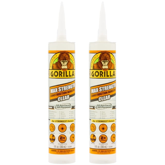Adhesivo para construcción Gorilla Max Strength, 266 ml, transparente, paquete de 2