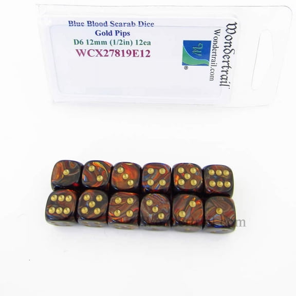 Blue Blood Scarab Dice with Gold Colored Pips 12mm (1/2in) D6 Pack of 12 Wondertrail