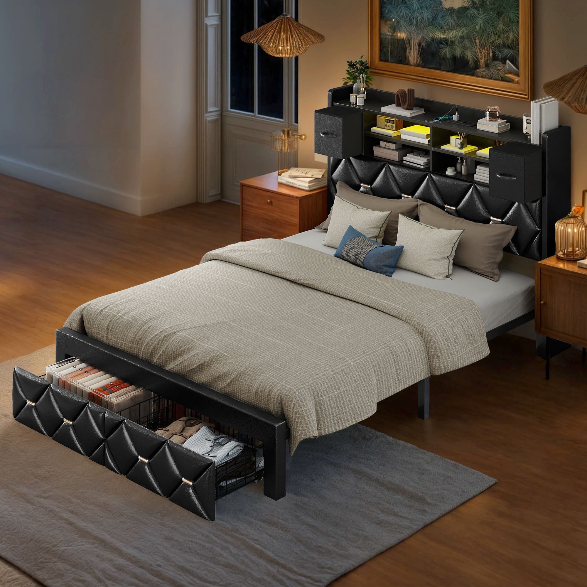 Uforic Full Size Bed Frame with Storage & Power Outlets, PU Leather Bed Frame with LED Lights, Black