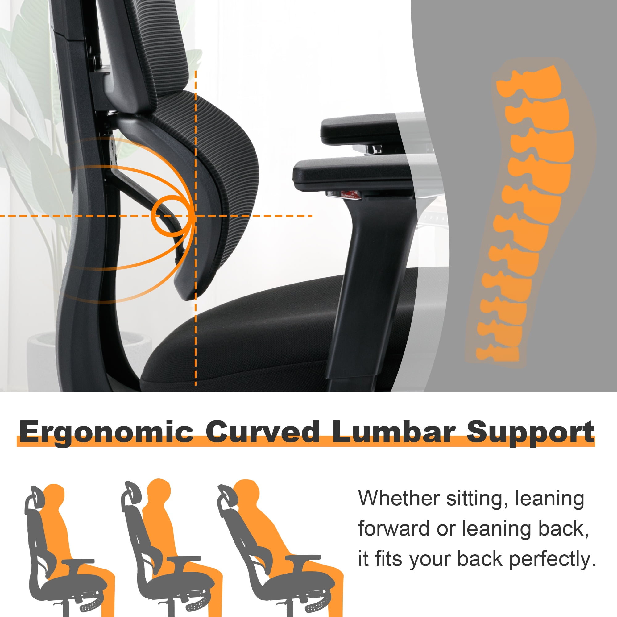 Ergonomic Office Chair with Footrest, High-back Computer Chair with Dynamic Lumbar Support, 2D Headrest & 4D Armrests, Sponge Cushion & Mesh Back, Home Office Chair for Adults, Black