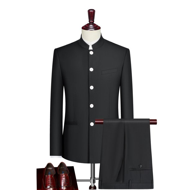 Traje con cuello levantado y botones blancos, traje de dos piezas para hombre (chaquetaquetaqueta + pantalones), trajes Zhongshan de estilo chino para hombre, azul, gris, negro 4XL