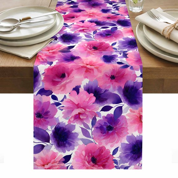Watercolor Floral Table Runner - 90 Inch Long, Kitchen Dining Table Runner Dresser Scarves, Spring Flowers Botanical Vintage Farmhouse Decor for Coffee Tables Wedding Party Banquet