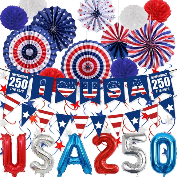 250th Anniversary Decorations Set, 4th of July Decoration, Red White Blue Paper Fans in Patriotic Designs, Balloons 250 Years Garland Set for Independence Memorial Day Party Supplies Decor