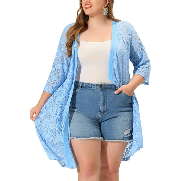 Agnes Orinda Women's Plus Size Cardigans Lace Lightweight Knit 3/4 Sleeves Cover Up Cardigan 4X Light Blue