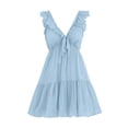 thumbnail image 4 of PRINxy Women's V Neck Loose Tiered Ruffle Short Dress Petal Sleeve Cotton Linen Casual Dress for Summer Beach Vacation Daily Errands Light Blue XXXL, 4 of 7