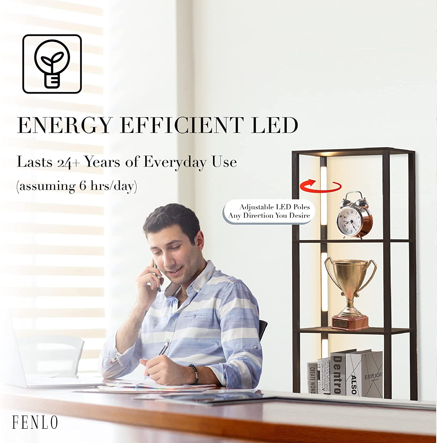 FENLO Fancy - LED Display Shelf with Dimmable Lights, LED Shelf Floor Lamps for Living Room, Sturdy Corner Shelf Curio Cabinet Display, Tall Floor Lamps with Shelves