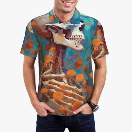 Rateoe Artistic Orange Carnation Skull Pattern Men s Short Sleeve Polo Shirts Golf Polo Shirts Short Sleeve Performance Moisture Wicking Dry-Medium