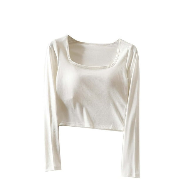 Timegard Hauts de Sortie pour Femmes avec Soutien-Gorge Intégré Col Carré Manches Longues T-Shirt Ajusté Automne Décontracté Crop Top