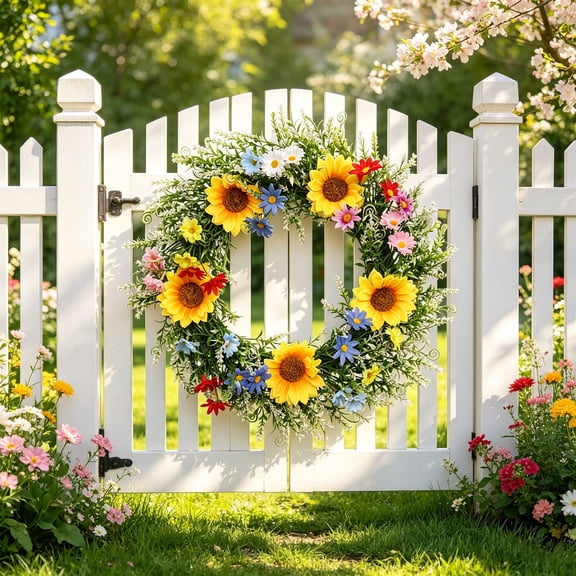 Spring Wreaths for Front Door,17.7 Inch Handmade Sunflower Wreaths,Artificial Spring Wreaths for Front Door Wall Window Wedding Party Home Hanging Decor