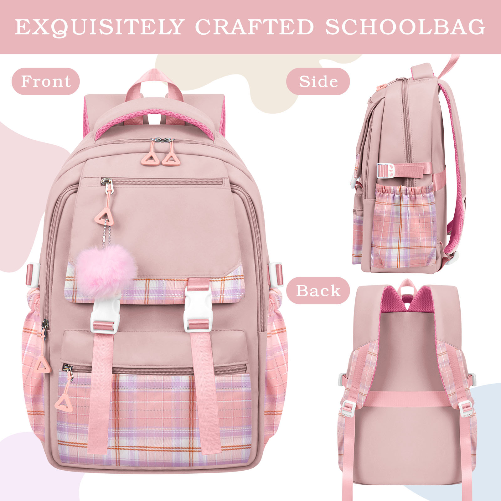 DAKIMOE Pink School Backpack for School, Travel, Work, Large Capacity Waterproof Bookbag with 7 Compartments and Luggage Belt