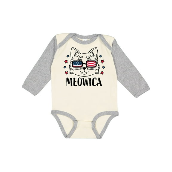 Inktastic 4th of July Meowica Cat in Flag Sunglasses Boys or Girls Long Sleeve Baby Bodysuit