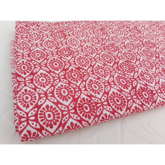 Red Floral Kantha Quilt: Hand-Stitched Block Print Cotton Bedding