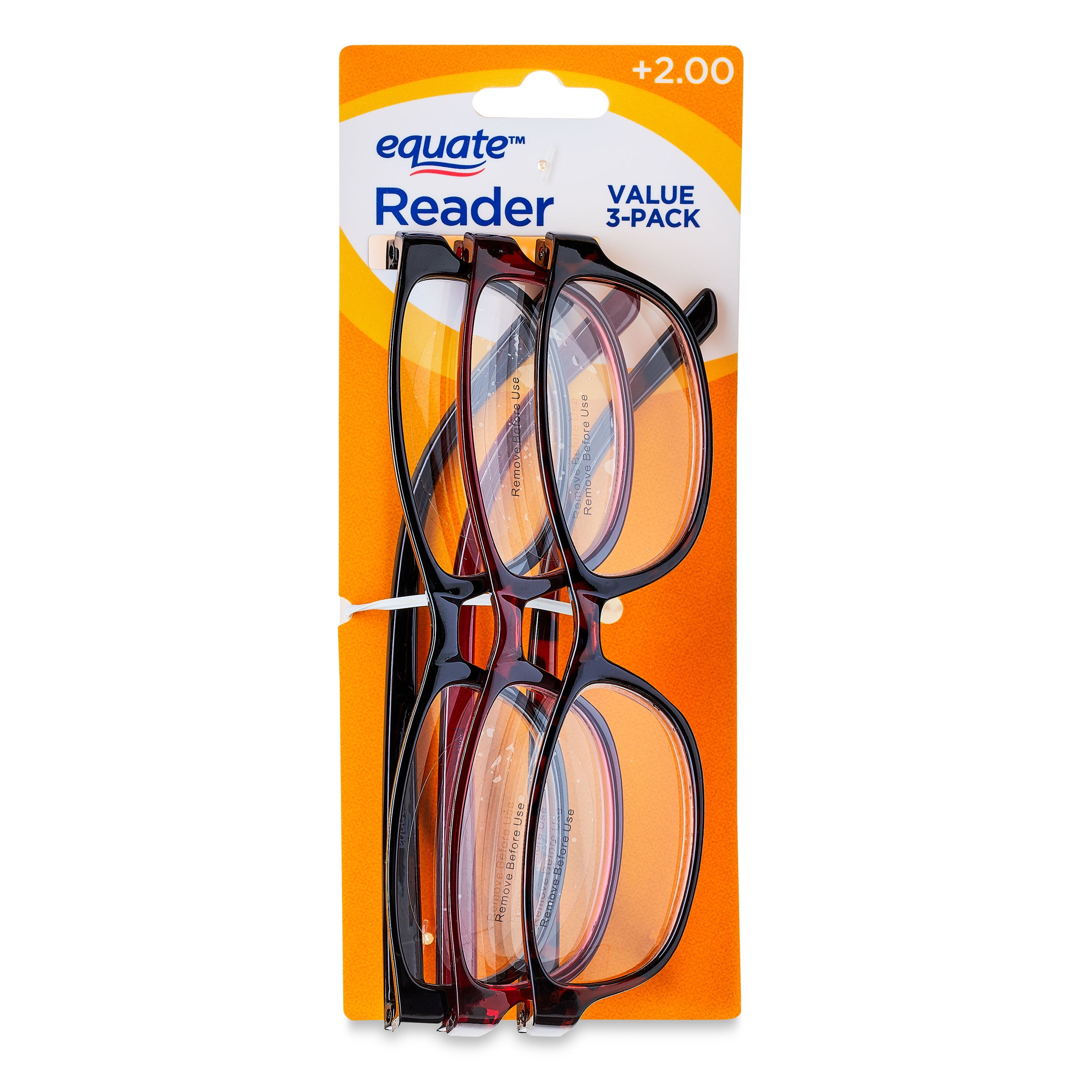 (2 pack) Equate Women's Rectangular Reading Glasses, Black/Wine/Tortoise, +2.00, 3 Pack