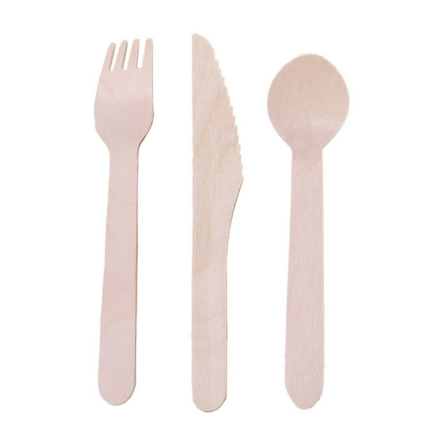 Juego de 150 tenedores, cucharas y cortadores de madera desechables, vajilla para cena y barbacoa (50 cucharas, 50 tenedores y 50 cortadores)