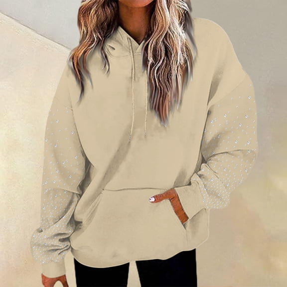 Women's Solid Color Rhinestone Encrusted Hoodie, Drawstring Hooded Sweatshirt with Pockets, Cozy Casual Pullover for Fall Winter Daily Wear