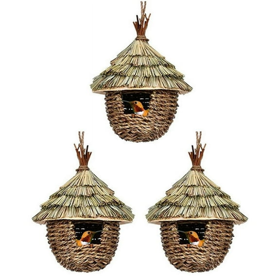 Bird House,3Pcs Hand Woven Hanging Humming Bird House for Nesting,Natural Grass Bird Nest for Garden,Patio