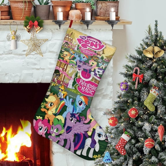 My Little Pony-theme Christmas Stockings，Fine white linen for Stairs Fireplace Hanging Xmas Home Decor Christmas gift17.7"X12.6"(45cm×32cm)