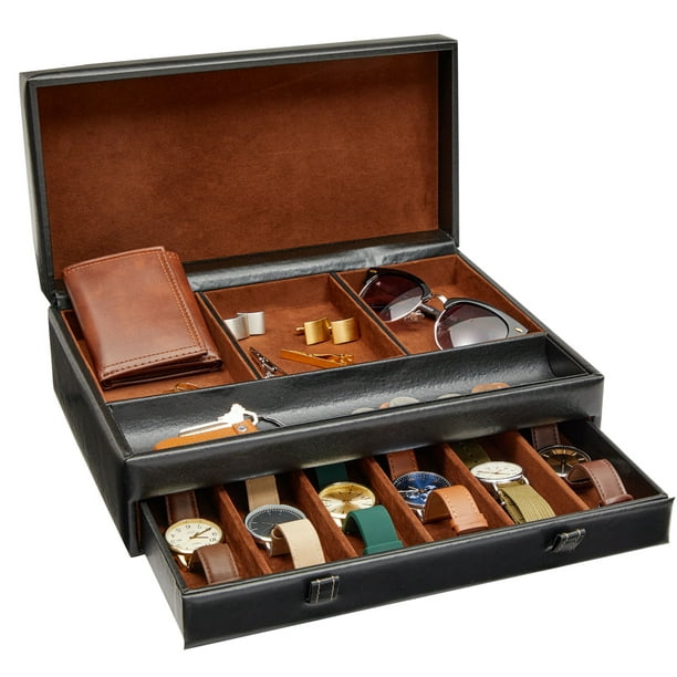 Faux Leather Mens Jewelry Box Organizer, Valet Tray for Watches (Black ...