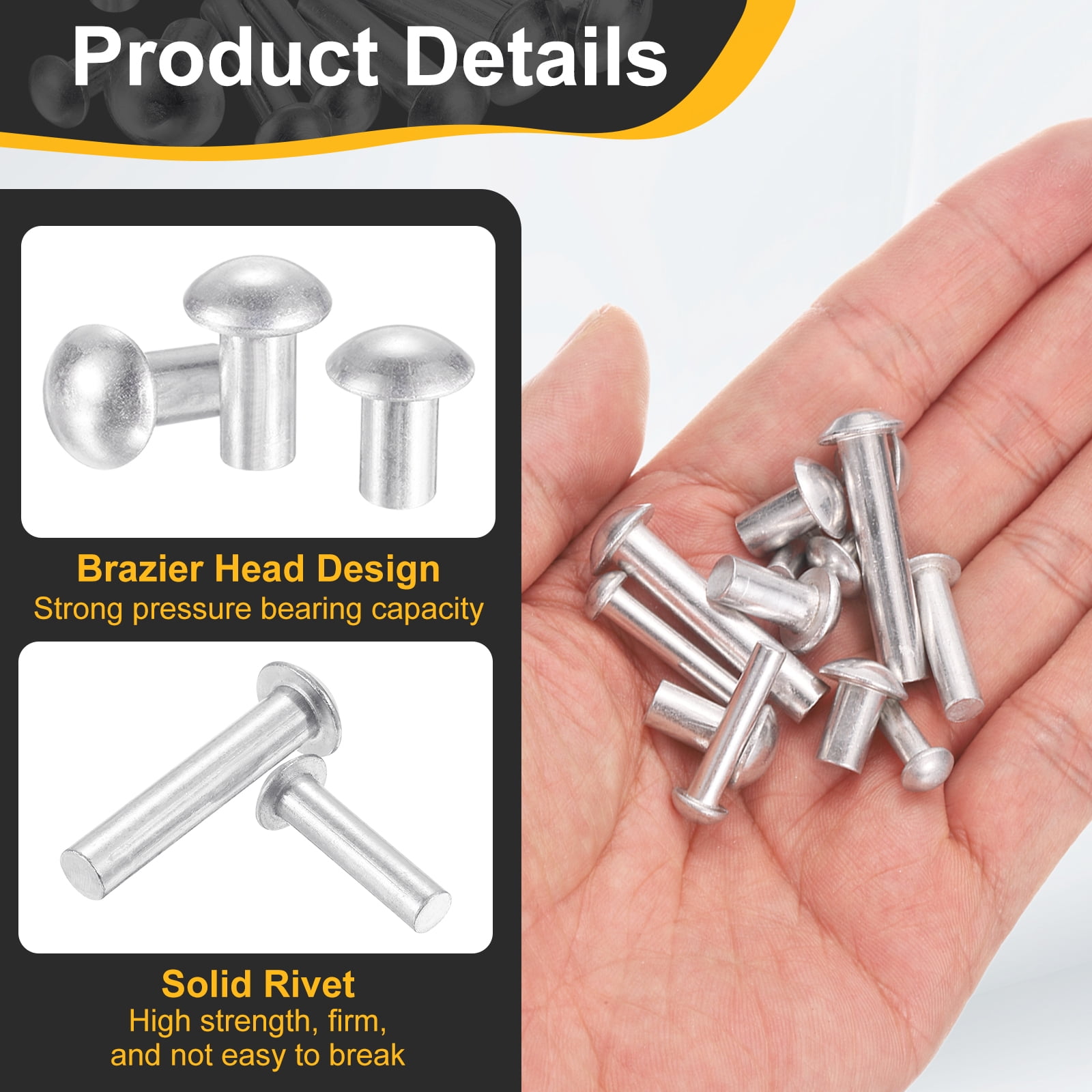200Pack Brazier Head Rivets, M6 x 20mm Aluminum Solid Rivets, Silver Tone