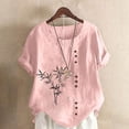 thumbnail image 2 of QIUOMBBP Womens Casual Linen Shirts Short Sleeve Plus Size Crew Neck Floral Print Tops Loose Lightweight Summer Holiday Tees Pink S, 2 of 6