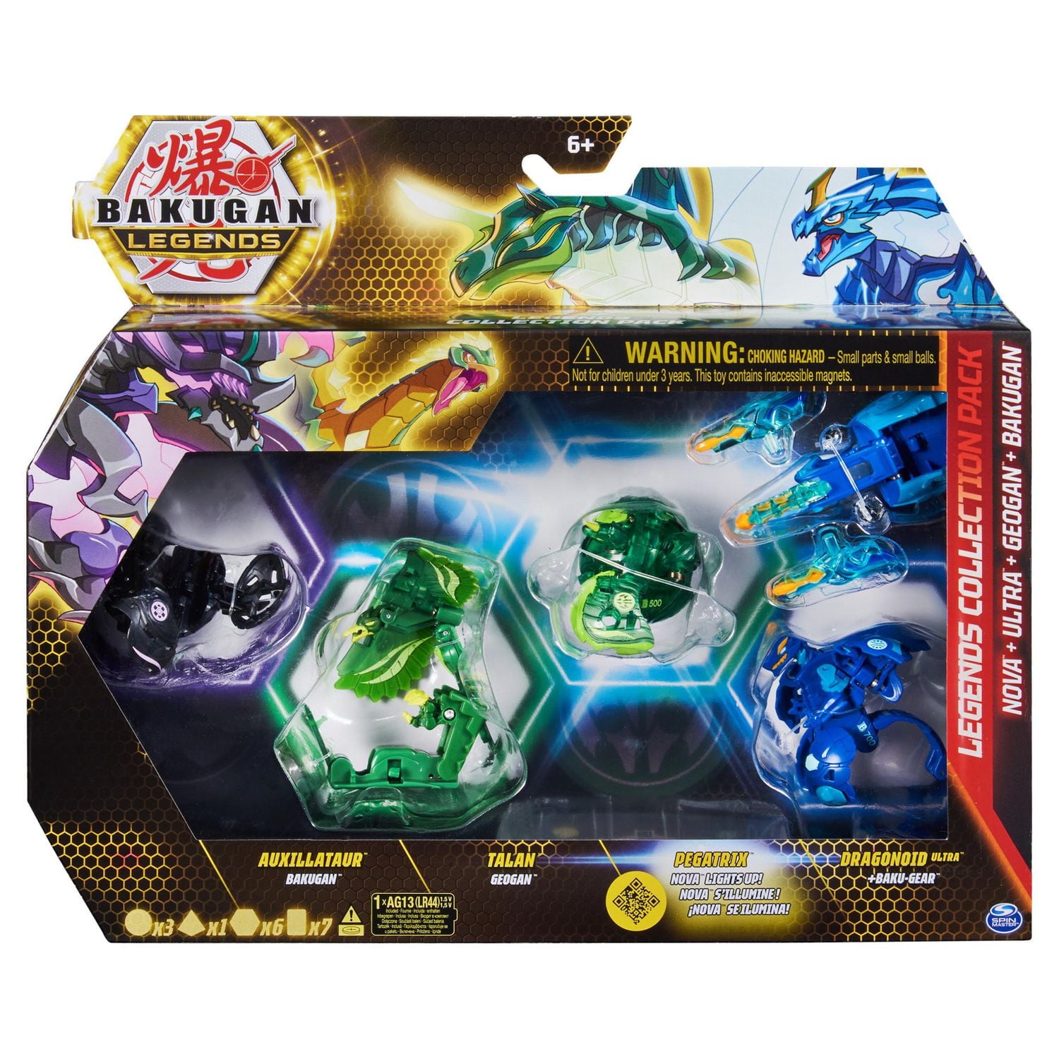 Coffret collection Bakugan Legends, lot de 4 comprenant Auxillataur Bakugan, Talan Geogan, Pegatrix Nova, Dragonoid Ultra et 6 BakuCores, jouets pour enfants à partir de 6 ans