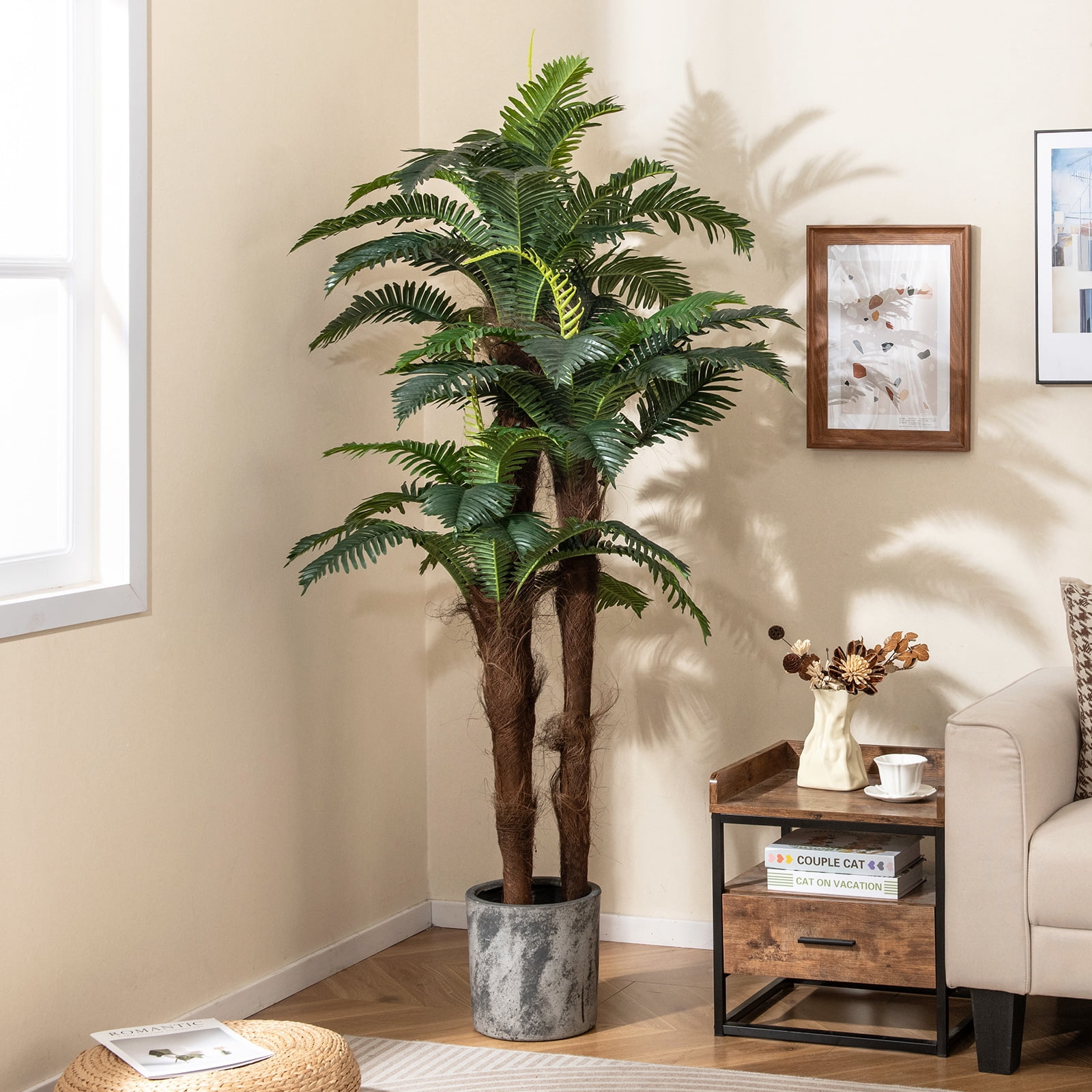 Gymax 2 Pack Artificial Palm Tree 6.3 ft Tall Fake Tropical Plant w/ 3 Real Barks